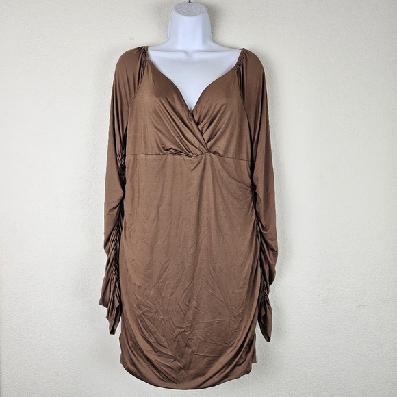 Fashion Nova Ruched Long Sleeve Mini Dress Mocha Brown 1X - Picture 2 of 10